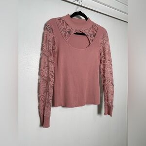 Absolutely Famous Lace Sleeve Cutout Mock Neck Sweater Top Pink – Size L